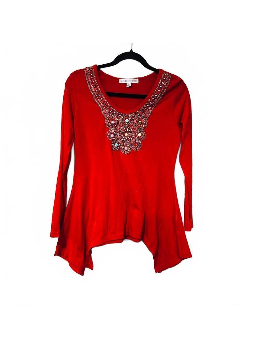 Vintage y2k Women's Red Embellished V-Neck Long Sleeve Top